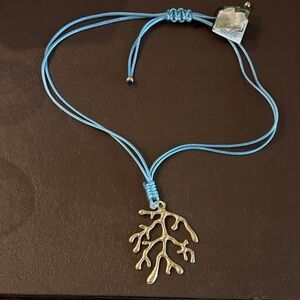 NWT  Gardenia Blue Cord Necklace with Gold Coral Pendant